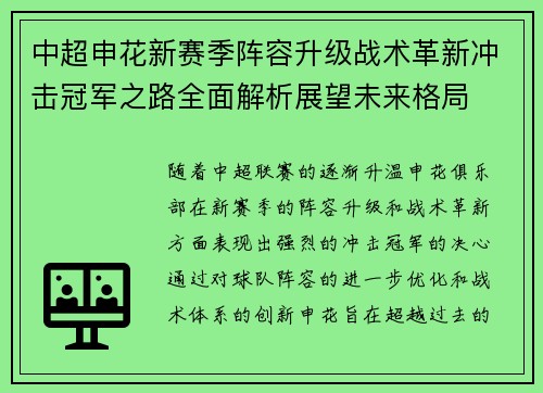中超申花新赛季阵容升级战术革新冲击冠军之路全面解析展望未来格局 中超申花新赛季阵容升级战术革新冲击冠军之路全面解析展望未来格局