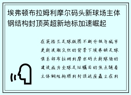 埃弗顿布拉姆利摩尔码头新球场主体钢结构封顶英超新地标加速崛起 埃弗顿布拉姆利摩尔码头新球场主体钢结构封顶英超新地标加速崛起