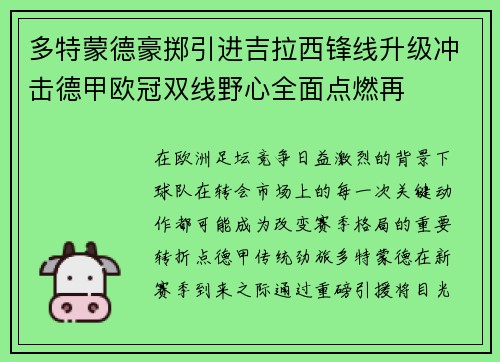 多特蒙德豪掷引进吉拉西锋线升级冲击德甲欧冠双线野心全面点燃再